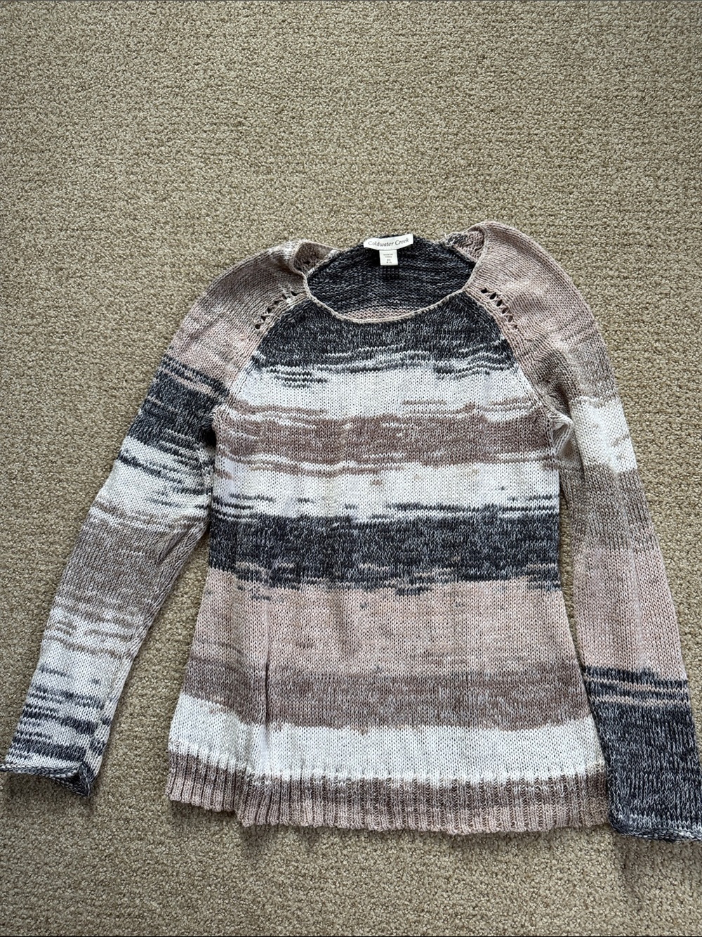 Coldwater Creek Women’s Striped Crewneck Sweater in Taupe/Gray/White